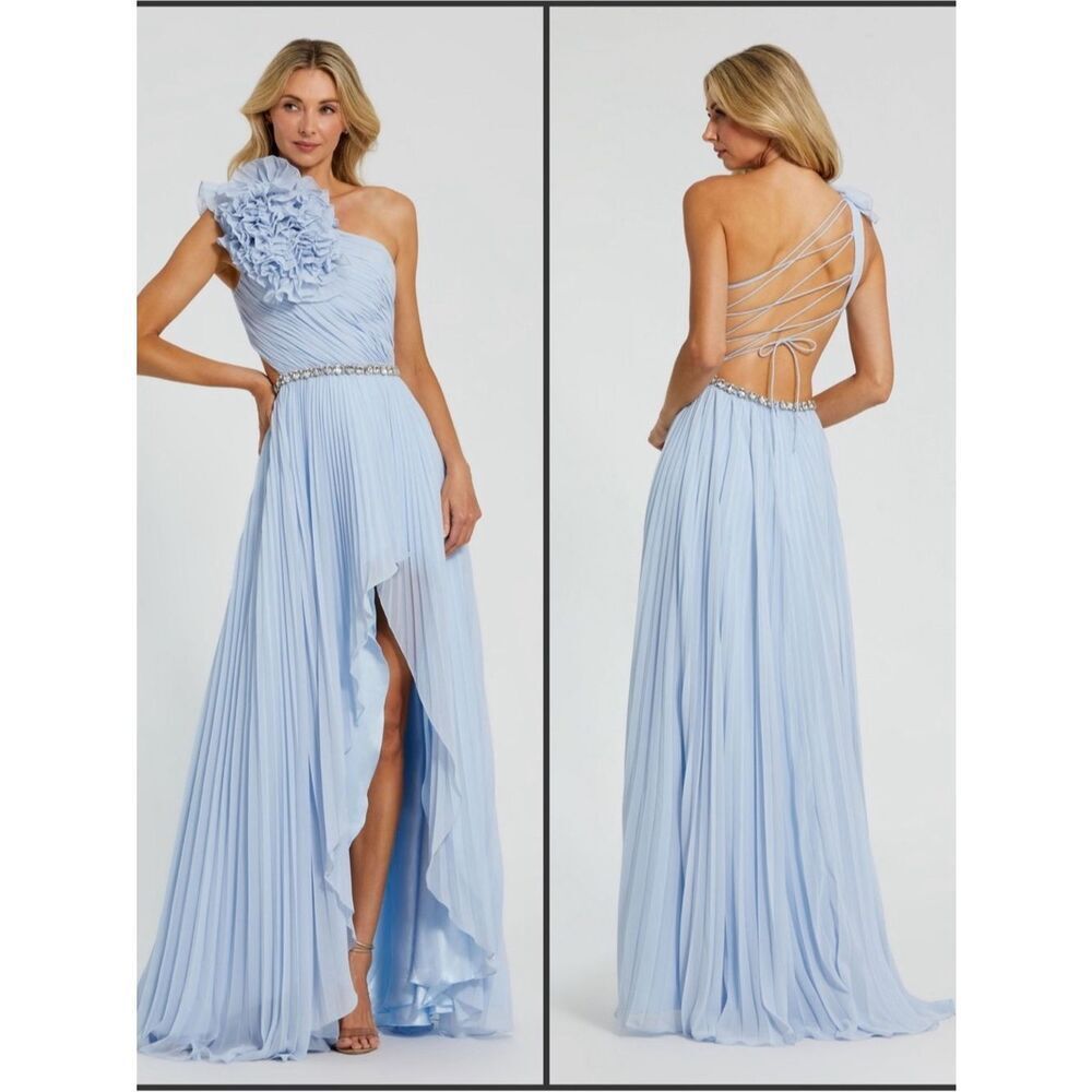 Mac Duggal Blue Size 4 Pleated Ruffle One Shoulder Maxi Gown Dress